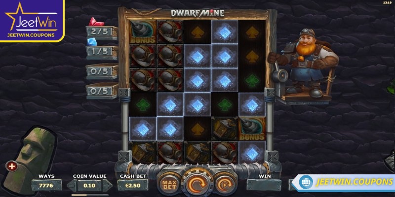 Dwarf Mine JeetWin – Nổ hũ kho báu khổng lồ dưới lòng đất 1 Dwarf Mine JeetWin có bố cục ban đầu 5 cuộn, 4 hàng nhưng được phép mở rộng